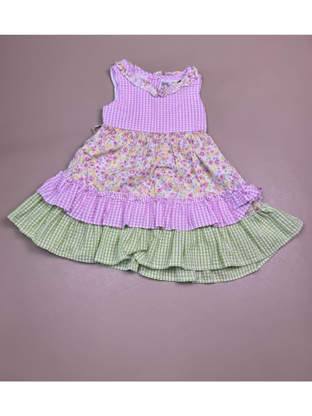 Rare Editions Girls Dress 2T Pink Gingham Floral Tiered Ruffle Spring EUC